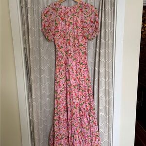 Banjanan Norma Pink Floral Tiered Midi Dress with Puff Sleeves